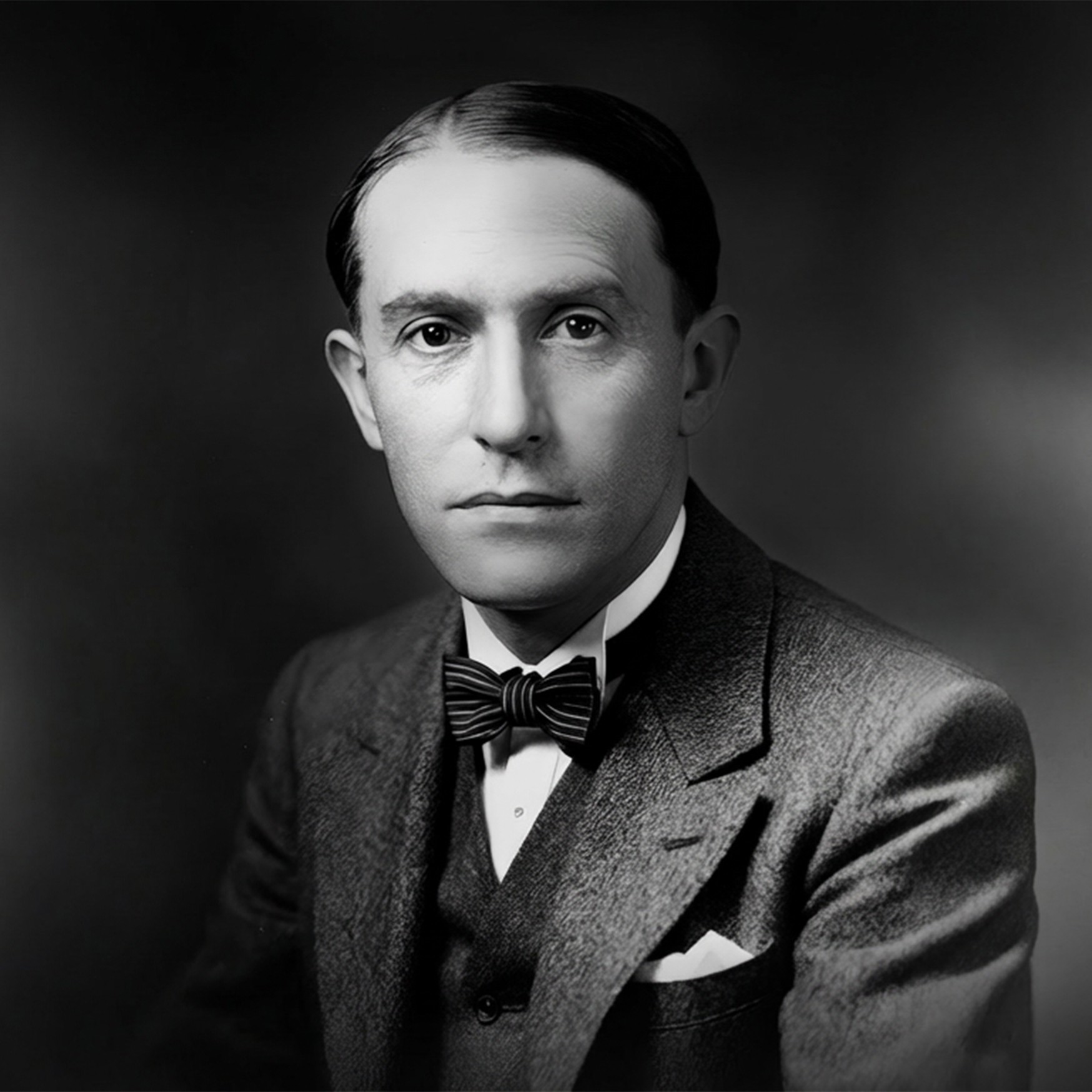 Black and white portrait of a dance instructor posing in front of a dark background.